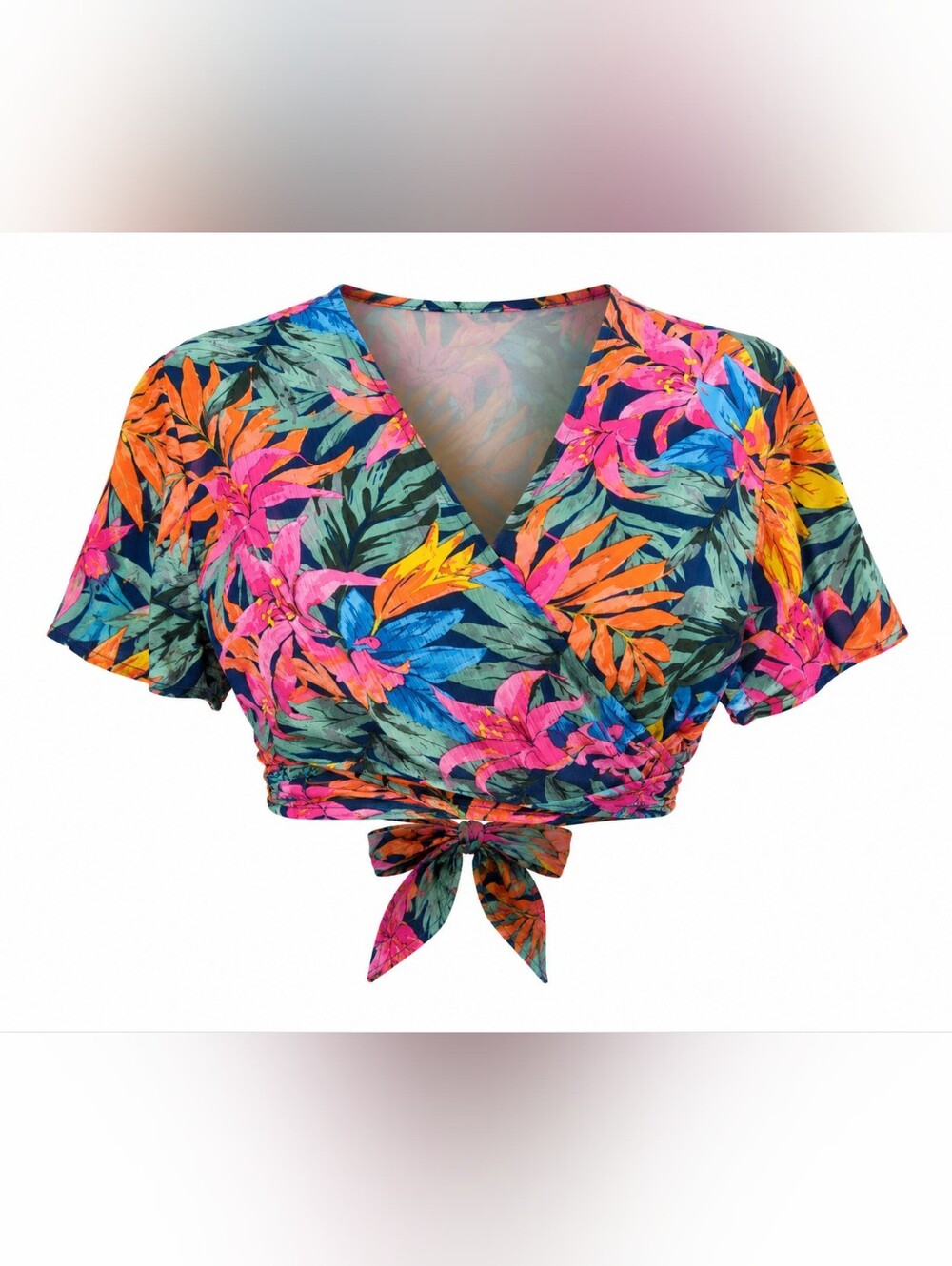 Shade & Shore Tropical Floral Tie Back Wrap Crop Top NWT S Beachcore Vacation